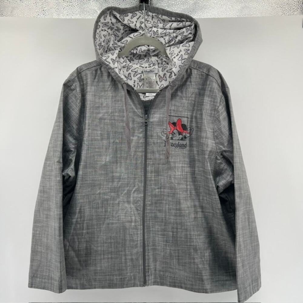 Disneyland Parks Minnie Mouse Say Yes to Bows Rain Jacket Womens 1X Gray Hooded